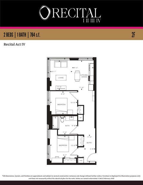 Floor plan for 2 beds, 1 bath, 764 sqft